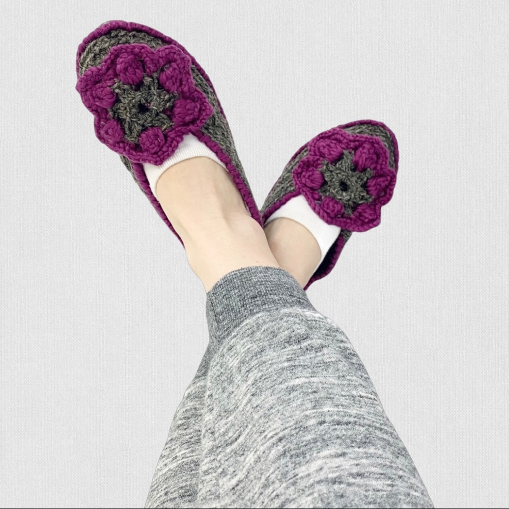HANDMADE | Grey & Purple Wool Blend Crochet Loungewear Winter Home Slippers